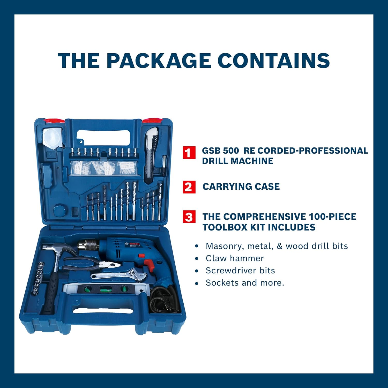 BOSCH Professional GSB 500 RE Corded-Electric Drill Tool Set | 500 W Motor | 100-piece Tools Box Kit | Speed Range upto 2600 RPM | Impact Rate upto 41600 BPM | Chuck Capacity of 10 mm | 1 Yr Warranty - Image 3
