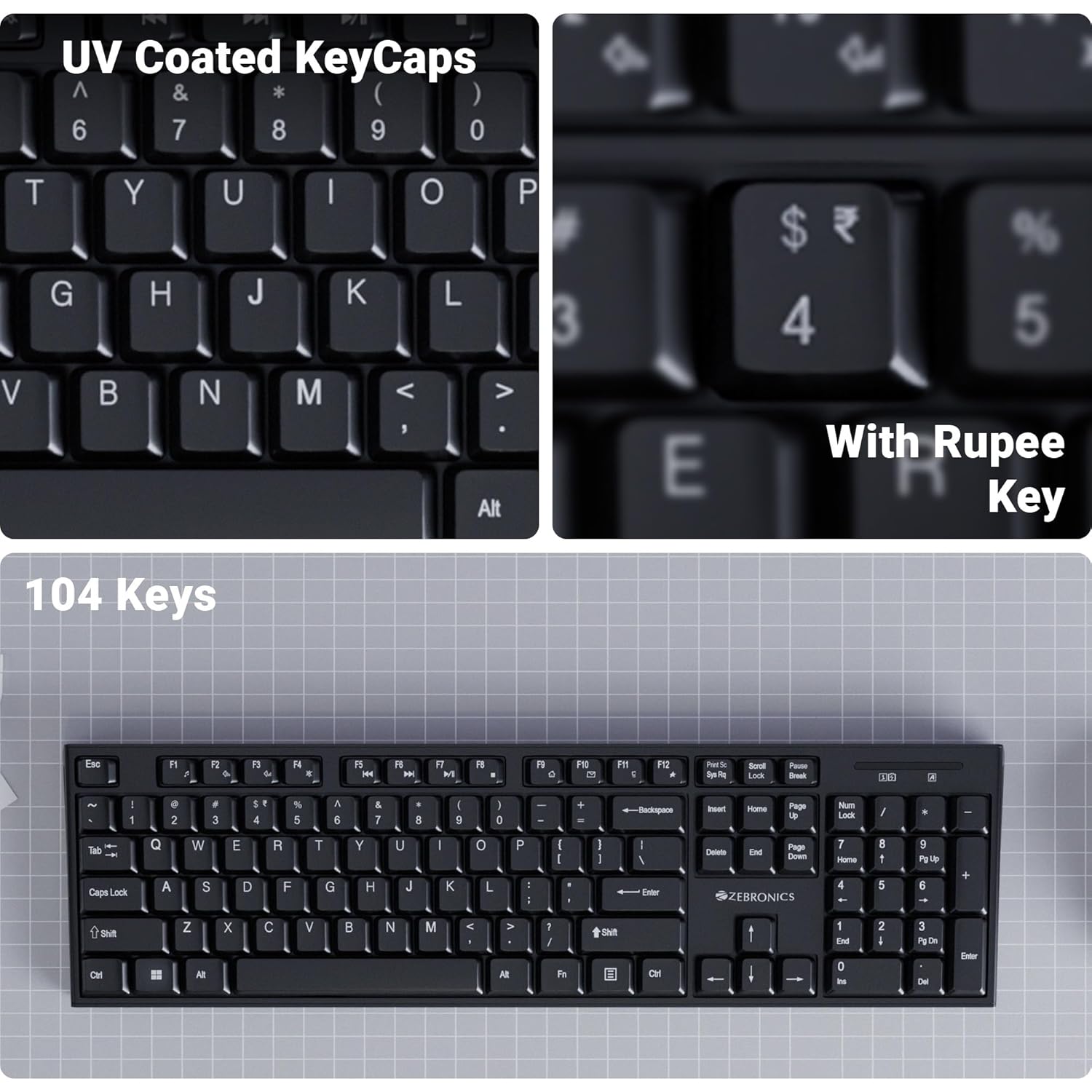 Zebronics Wireless Keyboard & Mouse Combo, 104 UV-Printed Keys, ₹ Key, 12 Multimedia Keys, Retractable Stand, 4 Button Mouse, 1600 DPI, High Precision, USB Nano Receiver (Companion 304, Black) - Image 3