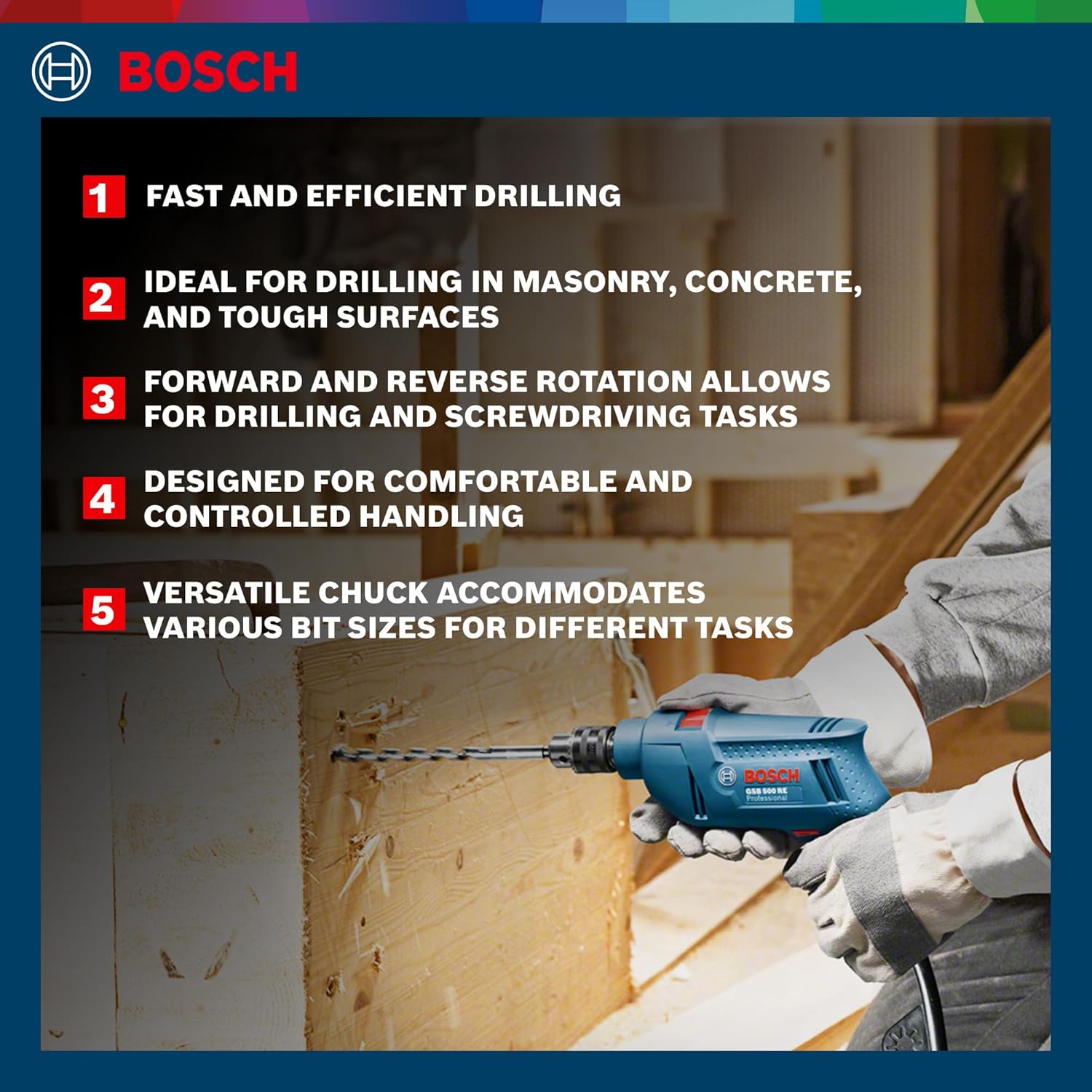 BOSCH Professional GSB 500 RE Corded-Electric Drill Tool Set | 500 W Motor | 100-piece Tools Box Kit | Speed Range upto 2600 RPM | Impact Rate upto 41600 BPM | Chuck Capacity of 10 mm | 1 Yr Warranty - Image 2