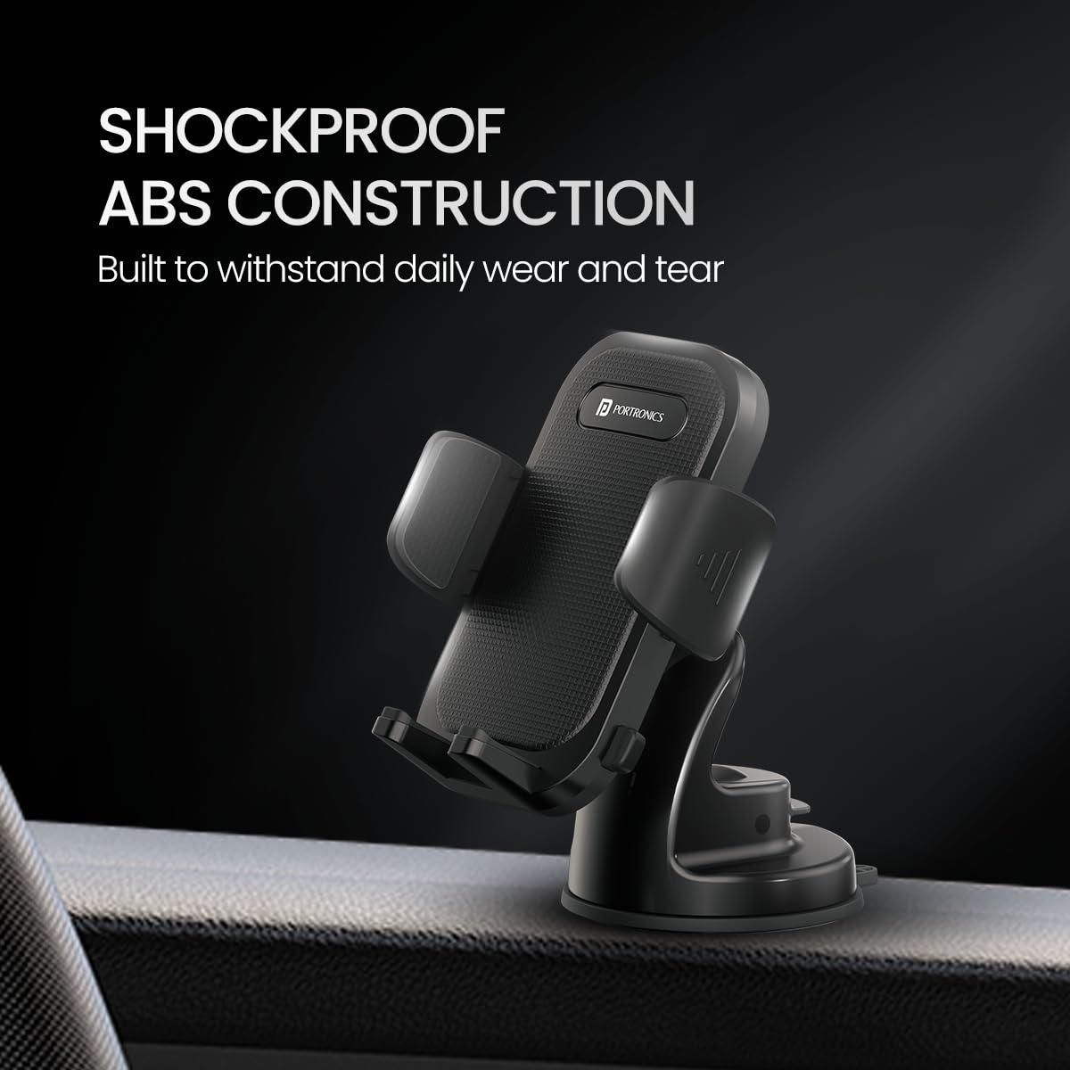 Portronics Clamp M4 Car Phone Holder Stand with 360 Degree Rotation, Strong Grip, Suction Cup Mount, Single Hand Use, Shockproof Build, Mobile Stand for Car (Black) - Image 4
