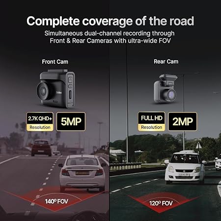 Qubo Car Dashcam Pro 2.7K | Dual Channel | Hero Group | NightPulse Vision | 5MP QHD+ Front (140°), 2MP FHD Rear | G-Sensor | 2" LCD | Built-in GPS, Wi-Fi, Mic | App | Up to 1TB Storage| Made in India - Image 4